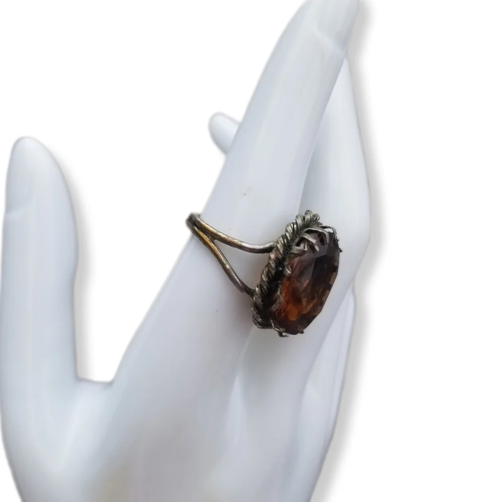 VINTAGE GERMAN ARTISAN MADE SILVERPLATED BRASS & AMBER COLOR GLASS STONE RING